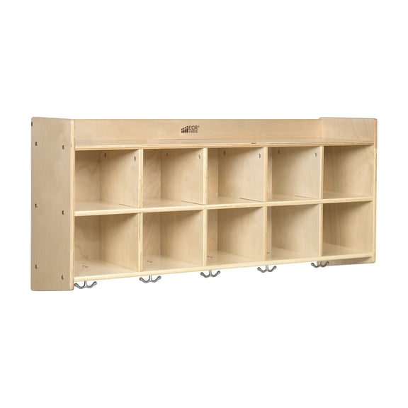 ECR4Kids 10-Section Wall-Mounted Hanging Coat Locker with Shelf, Classroom Furniture, Natural