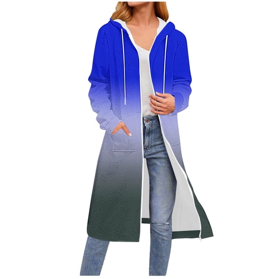 jtjvou Long Zip Up Hoodie Women Oversizwd Fleece Jacket with Pocket Loose Long Sleeve Y2k Sweatshirt Fall Colorblock Clothes Blue XL