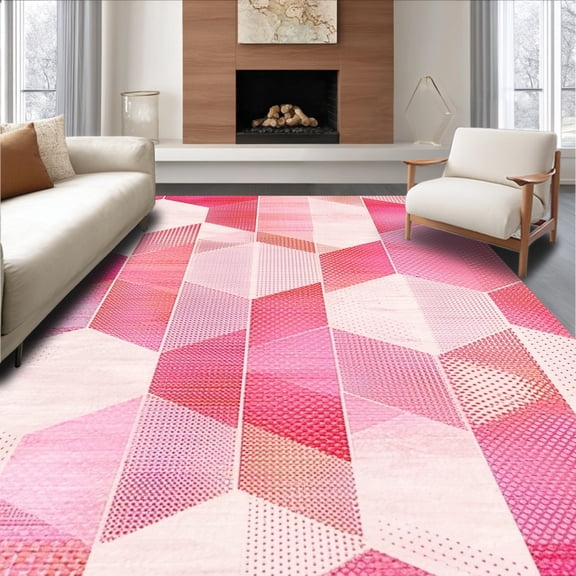 ODIKA 4'x6' Machine Washable Non-Slip Area Rug, Retro Geometric Honeycomb Hexagon With Modern Artistic Flair High Traffic Rug, Pink, 146568