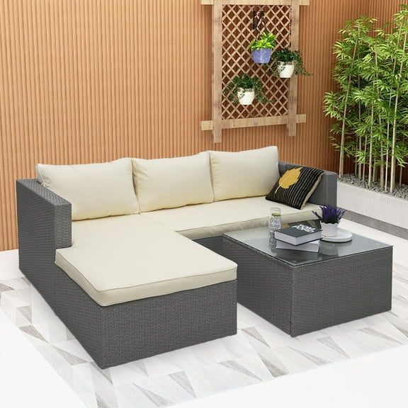Abble 3 Piece Wicker Sectional Conversation Set with Cushions - Grey