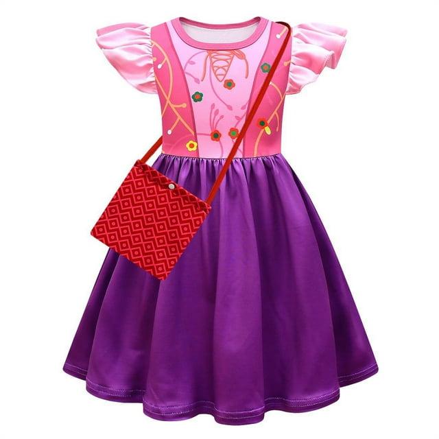 HAWEE Sœurs Sanderson Hocus Pocus Robe pour Filles Cosplay d'Halloween Sarah Mary Costume de Bal Masqué, avec Sac