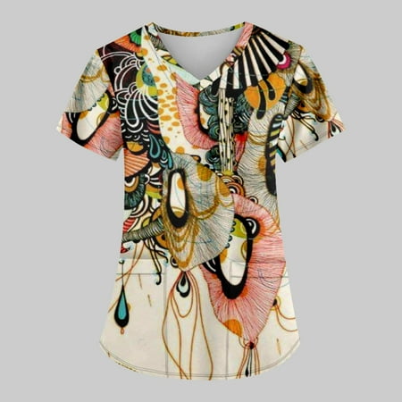 

TKing Fashion Independence Day Women Plus Size Scrubs Top V-Neck Short Sleeve Printed Pockets Work Blouse for Women Khaki 3XL