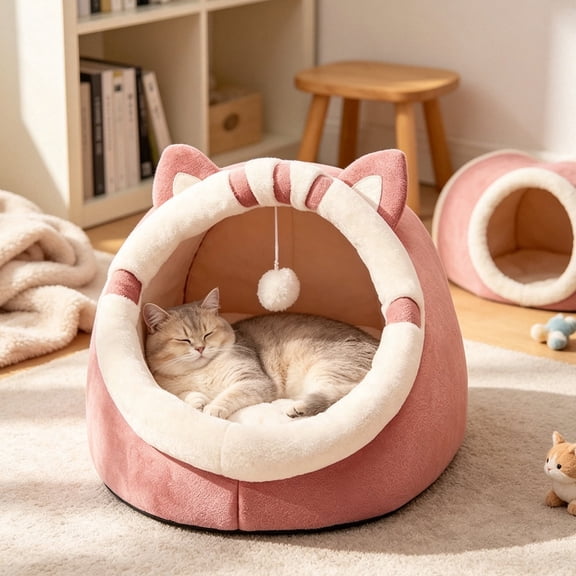 Semi Enclosed Pet Bed with Thickened Cushioning and Warm Plush for Bedroom Living Room
