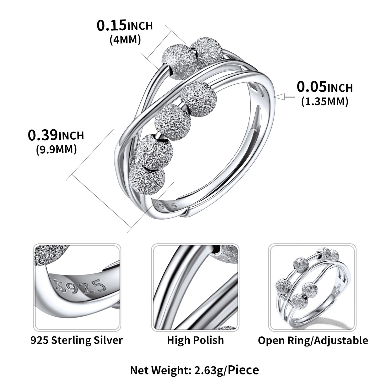 ChicSilver Fidget Anxiety Ring for Women 925 Sterling Silver Spinning Spinner Rings for Men Adjustable Stress Relief Jewelry Gifts for Teens Birthday