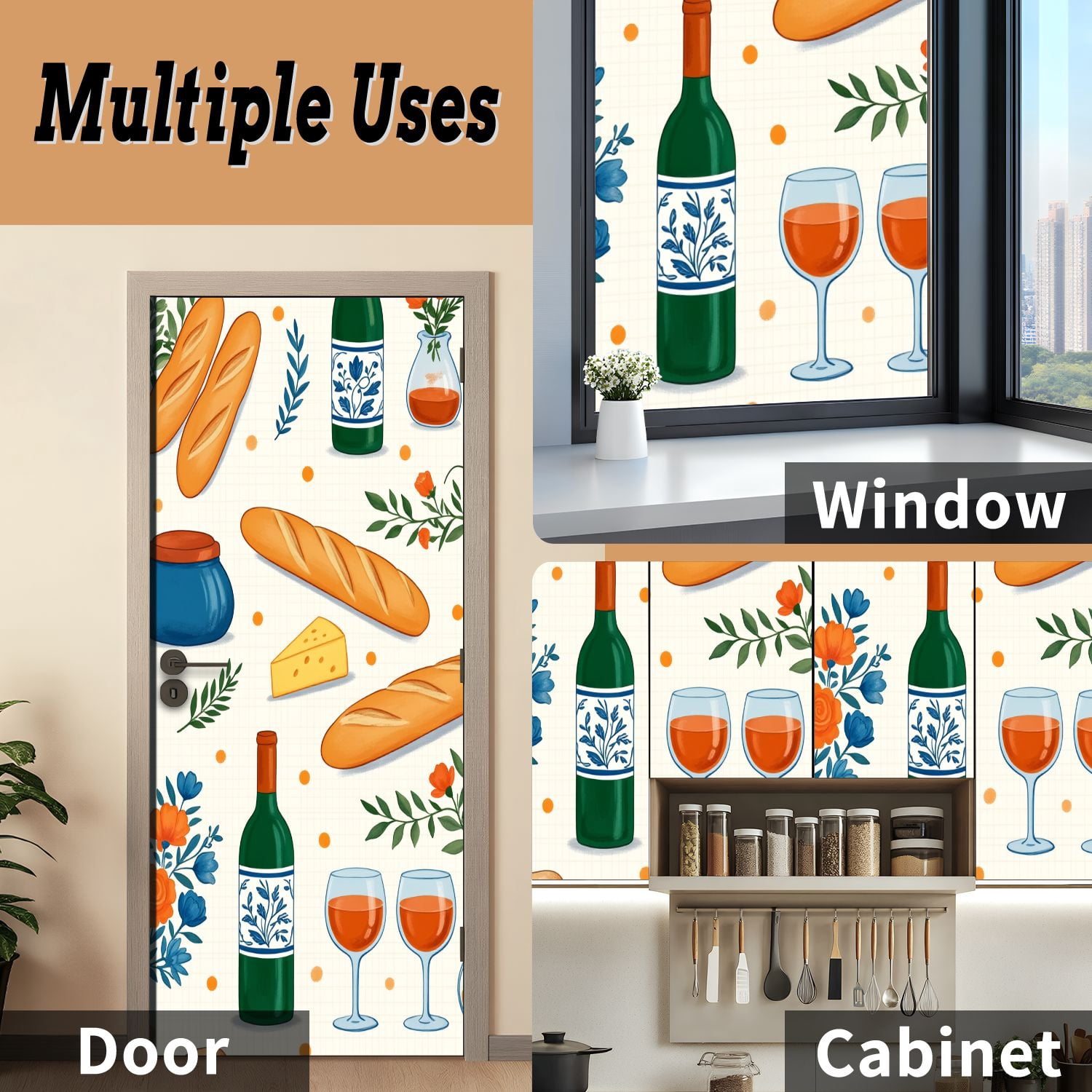 Self Adhesive Vinyl Refrigerator Wrap Set Wine Cheese Bread Floral Accents Cozy Picnic Door Mural Removable Fridge Sticker Peel and Stick&nbsp;Full Door Cover Decal Kitchen Bar Decor