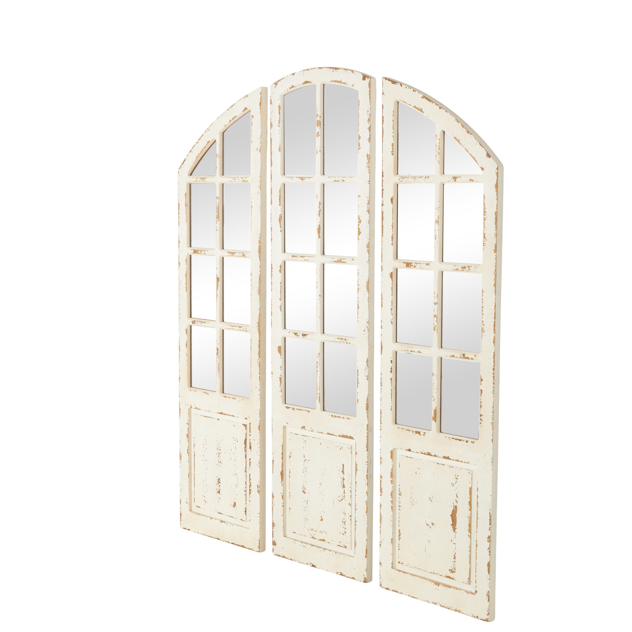 DecMode 60", 59", 59"H White Window Pane Inspired Wall Mirror with Arched Top and Distressing, Set of 3