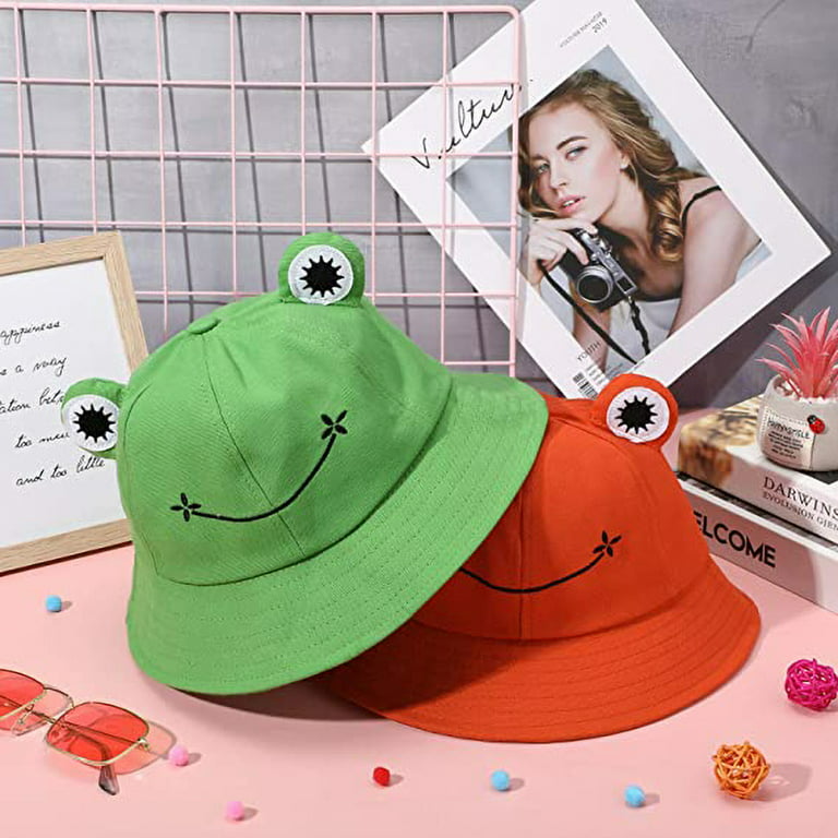 Warmfunn Frog Bucket Hat, Cute Fisherman Hat Cotton Sun Bucket Hat Sun Protection Cap Wide Brim Beach Summer Hat for Women Men Girls Kids (Green)