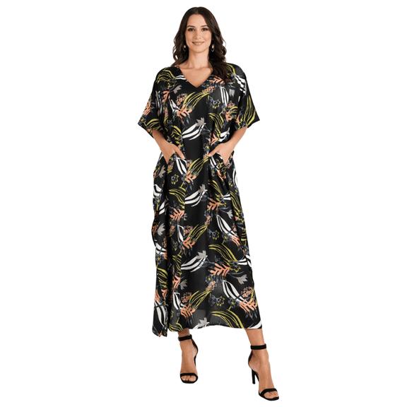 Miss Lavish London Kaftan Dresses for Women,Beach Kaftan Coverups,Hawaiian Coverups for Women,Long Beach & Swimsuit Coverups,Plus Size African Caftan Dress,Moroccan Style Loungewear Jungle Black XXL