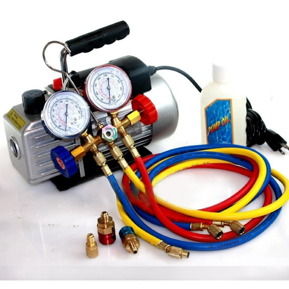 Deluxe R134a R12 R22 R502 Manifold Gauge Set & 2.5CFM Vacuum Pump 5ft HVAC Hoses by I_S IMPORT
