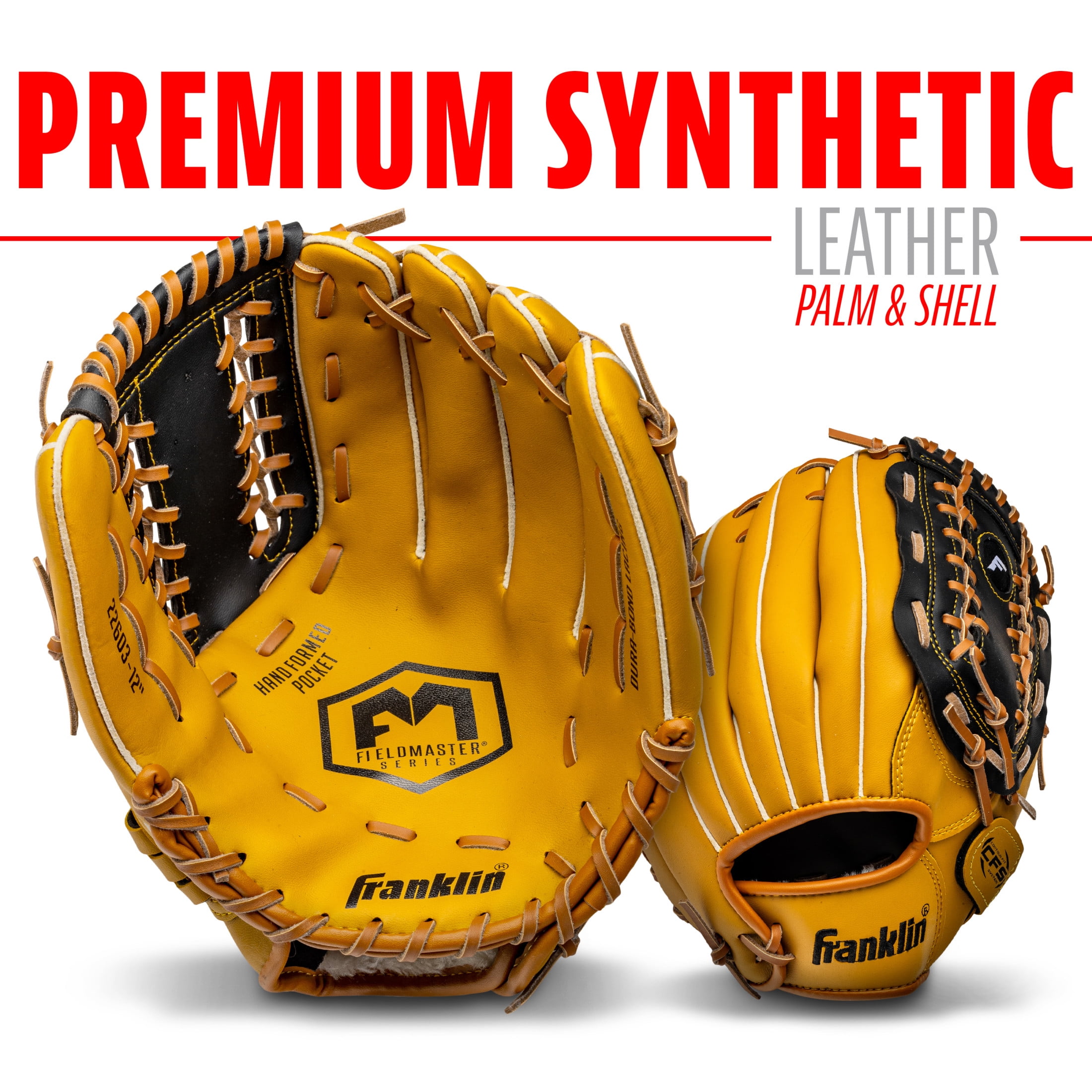 Franklin Sports Field Master Baseball + Softball Glove, 12 in, Black/Tan, Right Hand Throw