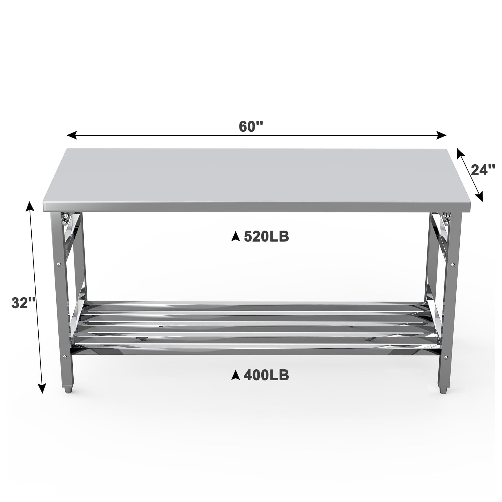 Mesa de acero inoxidable de 60 x 24 pulgadas, mesa de trabajo y preparación de metal NSF con estante inferior ajustable, para cocina comercial, restaurante, plata