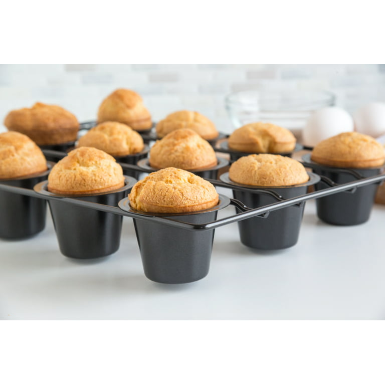 Shellwei 2 Pcs 12 Cups Non Stick Popover Pan Muffin Pan Mini Cupcake Pan  for Oven Baking, Carbon Steel(Gray)
