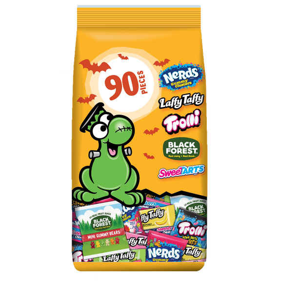 Halloween Fruity Chewy Trick-or-Treat Variety Bag, NERDS Gummy Clusters, SweeTARTS, Trolli, Laffy Taffy, and Black Forest, 90 Count, 30.2 oz
