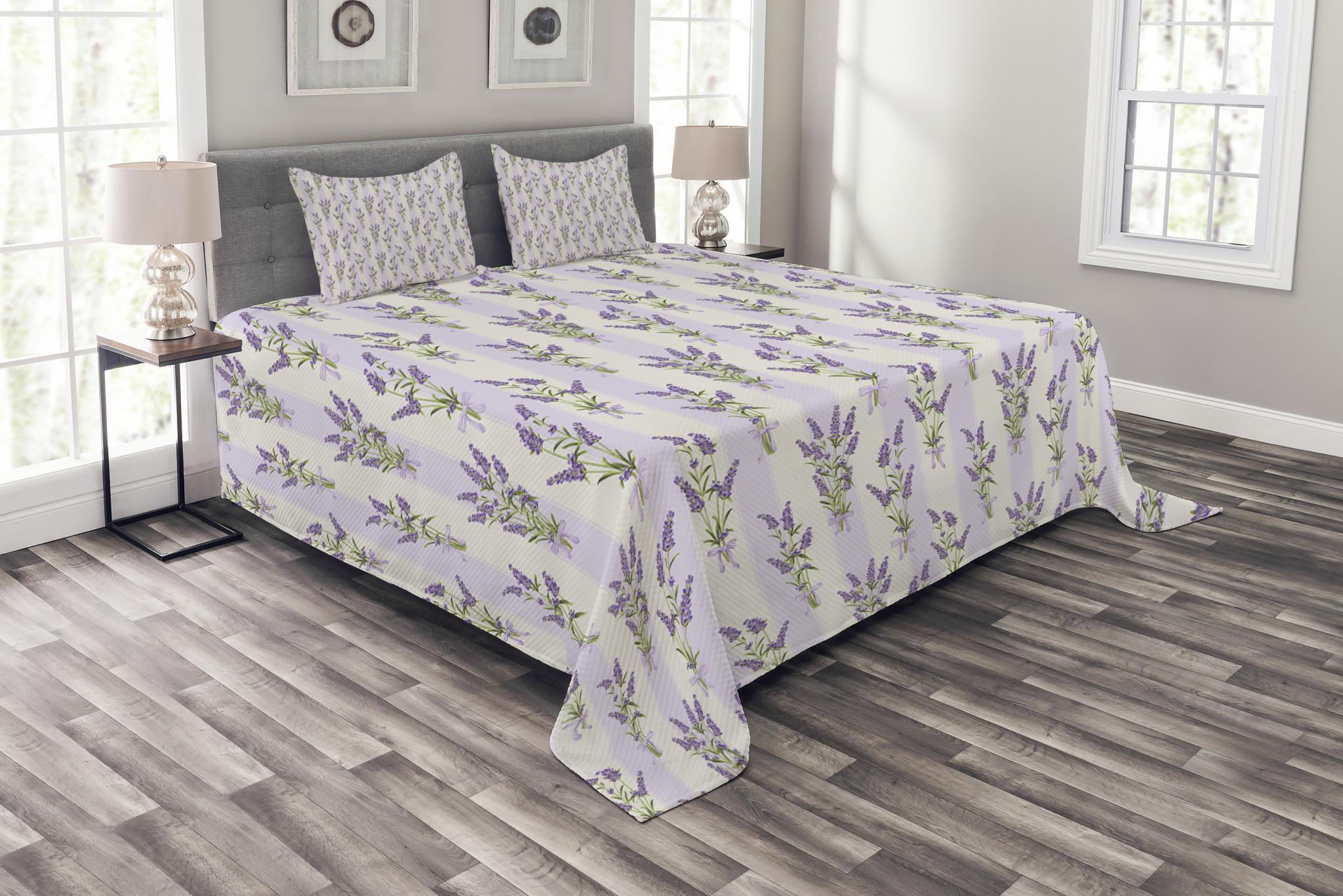 Lavender Bedspread Set Queen Size, Stripes and Flowers with Ribbons