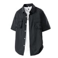 thumbnail image 2 of Men's Solid Color Work Shirt Polyester | Casual Button Down Short Sleeve Shirt Three-Quarter Loose Fit Pockets Button-Down Collar Breathable Daily Office Business | Zenithor,Black L, 2 of 9