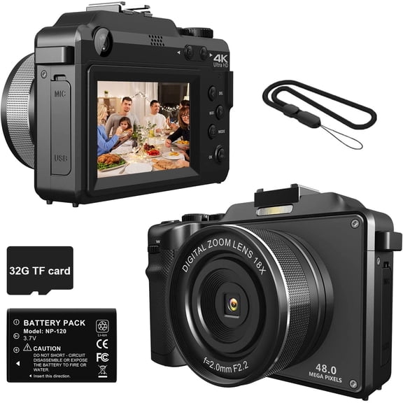 OIEXI 48MP Digital Camera for Photography,4K Video Camera with Front and Rear Dual Cameras,18X Digital Zoom,3.0-inch Screen,32GB Micro Card,Rechargeable Battery,Camera for Kids/Teens/Beginners(Black)