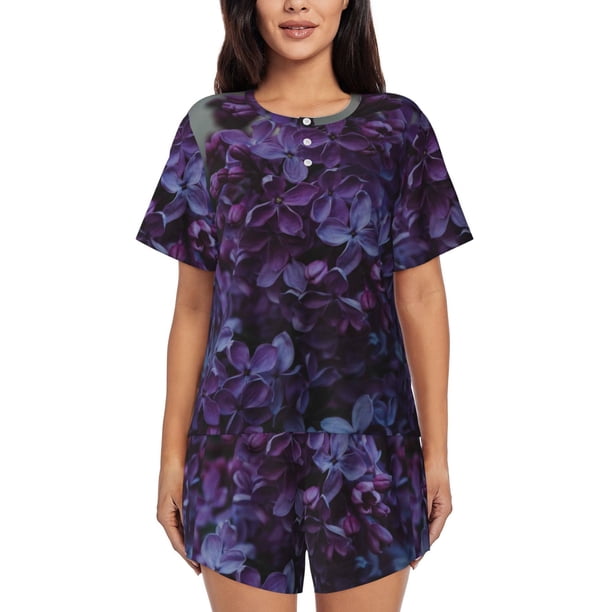 Balery Lilac Conjunto de Pijama para Mujer con Estampado, Dos Piezas de Manga Corta y Shorts, Ropa de Dormir Suave con Cuello Redondo y Bolsillos-3X-Large