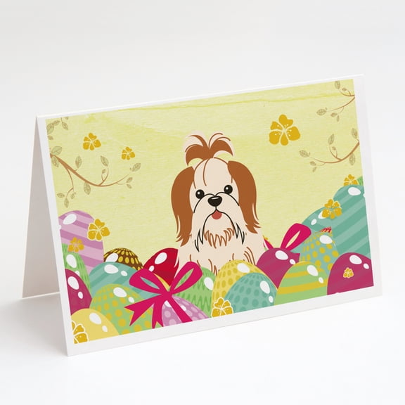 Easter Eggs Shih Tzu Red White Greeting Cards and Envelopes Pack of 8