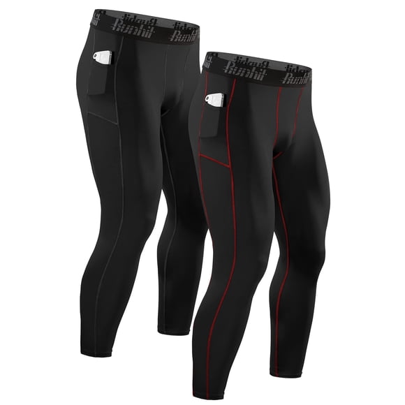 Runhit Pantalones de compresión para hombre, ajustados para correr, leggings con bolsillo, pantalones térmicos atléticos para hombres, pantalones cortos para correr, negro, rojo, paquete de 2 medianos
