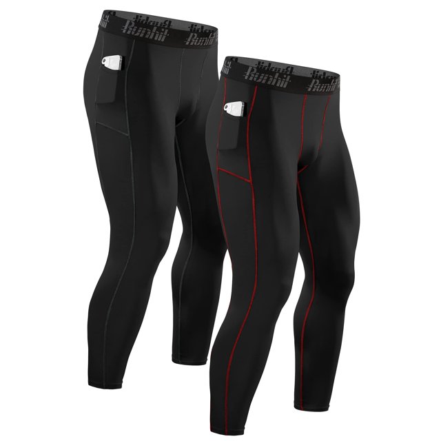 Runhit Pantalones de compresión para hombre, ajustados para correr, leggings con bolsillo, pantalones térmicos atléticos para hombres, pantalones cortos para correr, negro, rojo, paquete de 2 medianos