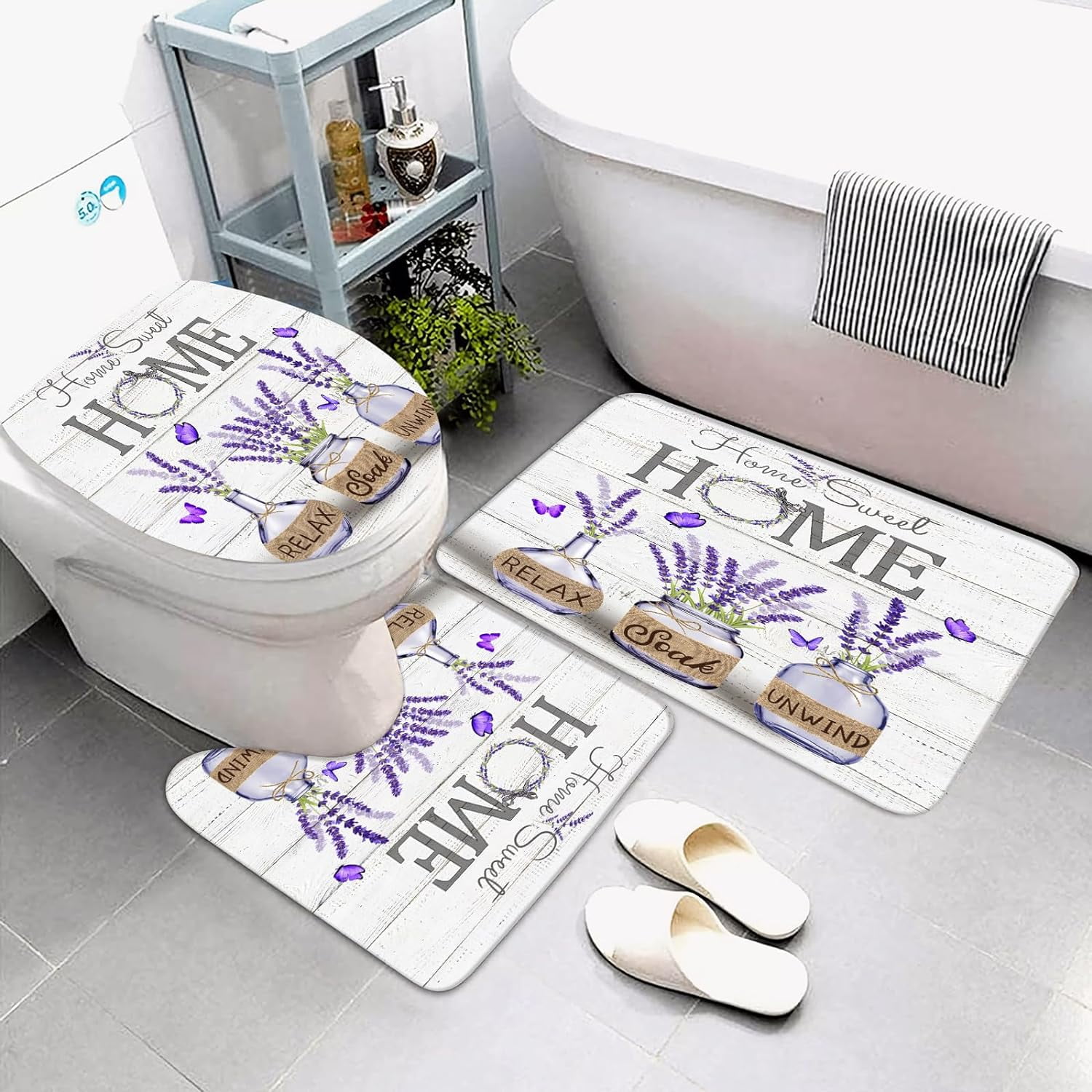 4 PCS Purple Lavender Shower Curtain Sets Home Sweet Bathroom Set with Shower Curtain and Rugs and Accessories Farmhouse Country Shower Curtain Bathroom Decor with 12 Hooks 72 X 72 Inch
