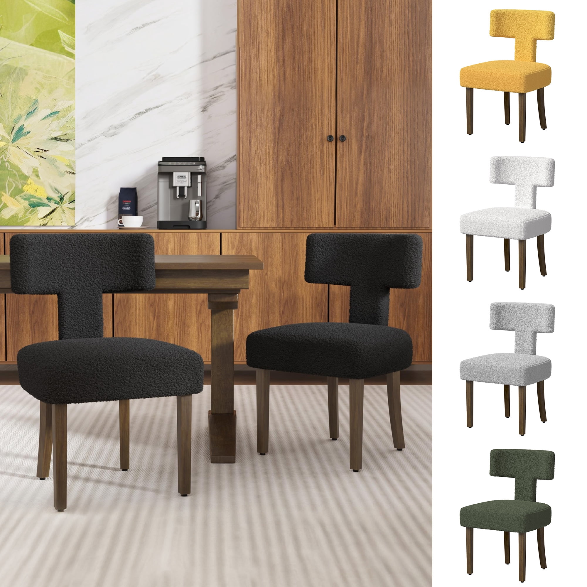DONICK T-Shape Back Upholstered Dining Chairs Set of 2,Lambswool Fabric Modern Wooden Armless Side Chair for Dining Room Kitchen Living Room Bedroom(Black)