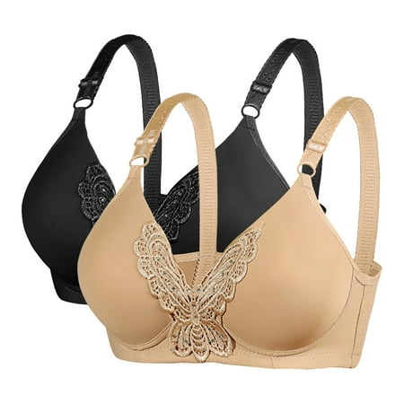 WREESH Women s 2 Pack Push Up Bra No Underwire Full Support Bras Wireless Comfort Everyday Bras Embroidered Plunge Bra Underwear Black