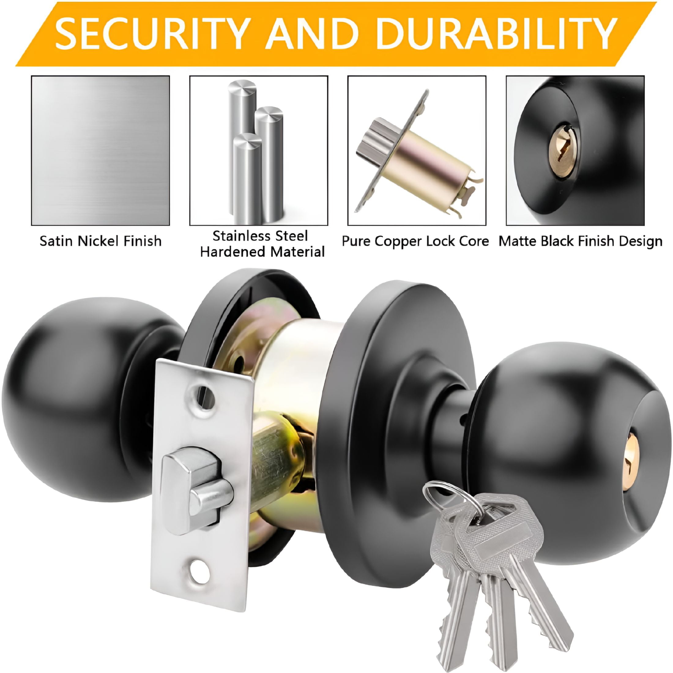 TALENO 2 Pack Door Knob with Lock Key Bedroom Doors Handle Locks for Exterior and Interior Doorknob Entry Doors Knobs for Home Bathroom,Matte Black