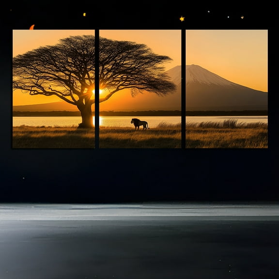 3-Piece Canvas Wall Art Set, Frameless Canvas Paintings, African Grassland Lion and Acacia Tree Sunset, Modern Home Decoration, Living Room Bedroom Wall Hanging Triptych