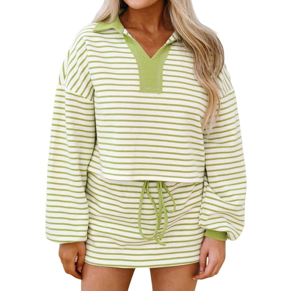Womens Striped 2 Piece Outfits Casual Sweatshirt Skirt Set Long Sleeve Matching Lounge Sets Yellow-Green L