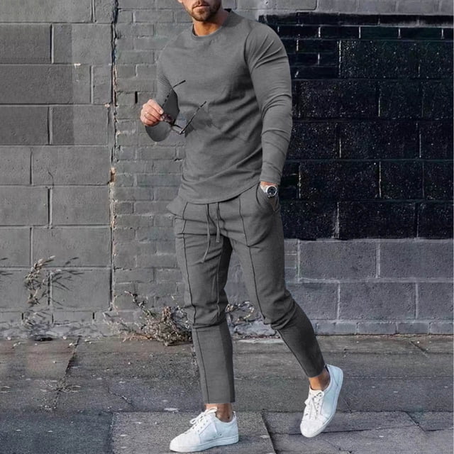 TIMIFIS Men's Tracksuit 2 Piece Sweatsuit Workout Long Sleeve Solid Color Suit Round Neck Long Sleeve T-Shirt Trousers Tight Two Piece SetFall
