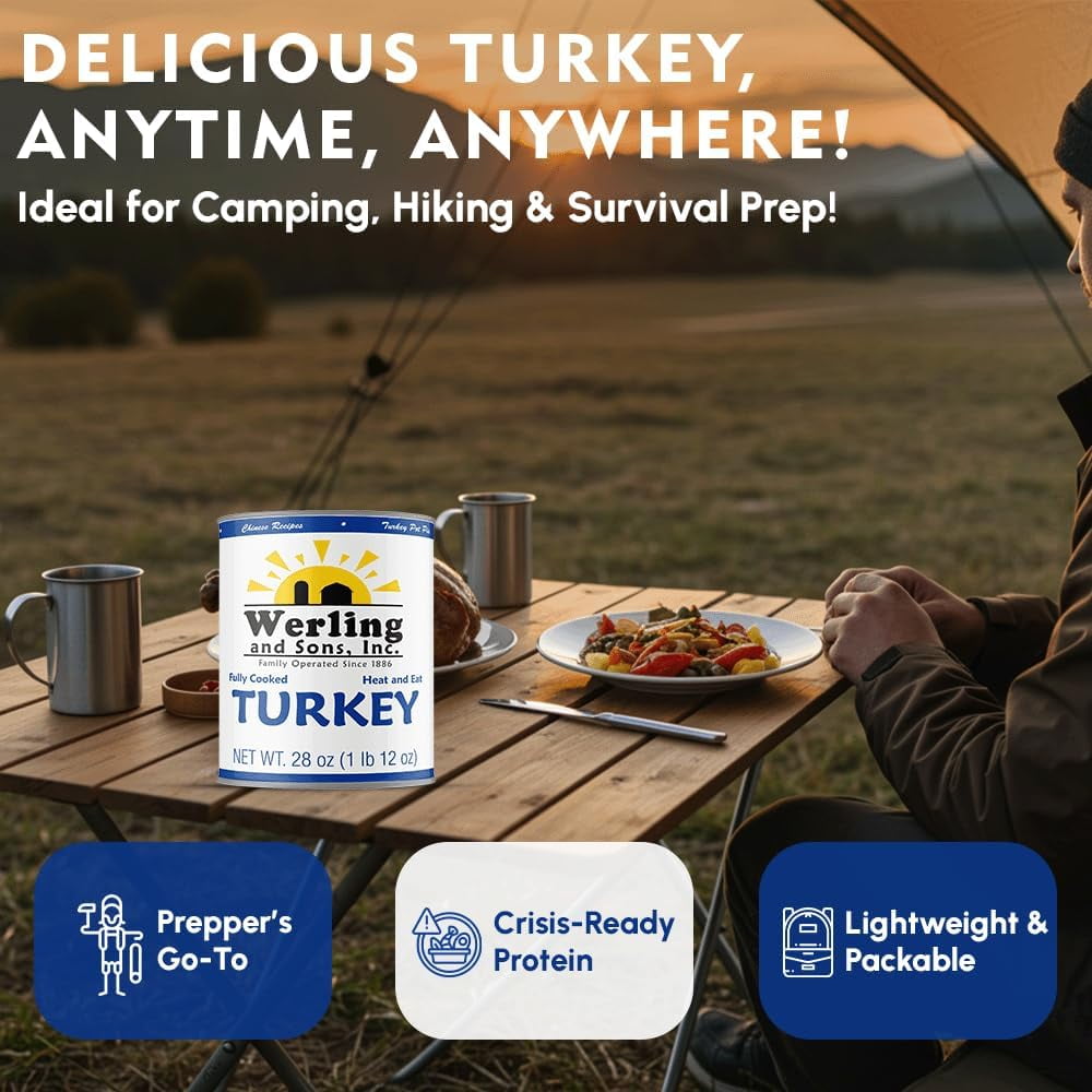 Werling & Sons Canned Turkey 28 oz – Fully Cooked, Heat & Eat | Recipe-Ready Canned Meat for Quick Meals, Camping, Emergency Food Supply & Survival | Shelf-Stable | Pack of 6