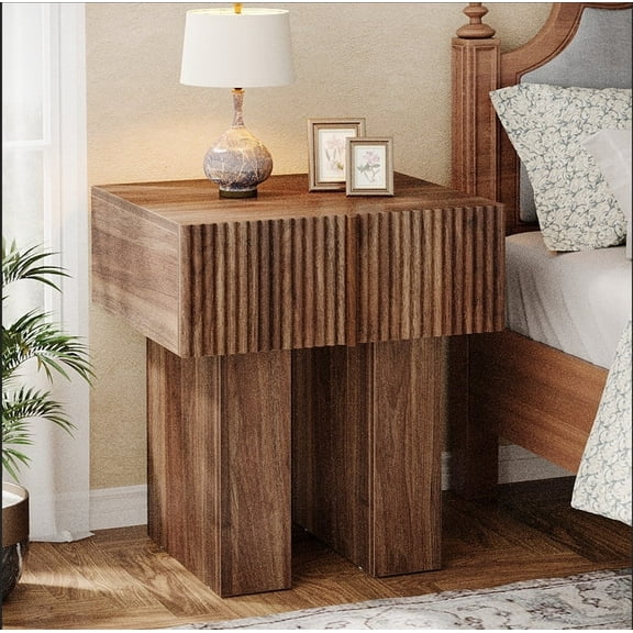 Tribesigns 23.62 Inch Tall Farmhouse Nightstand, Fluted End Table with Storage Drawer, Wooden Bed side Table for Bedroom, Living Room, Walnut