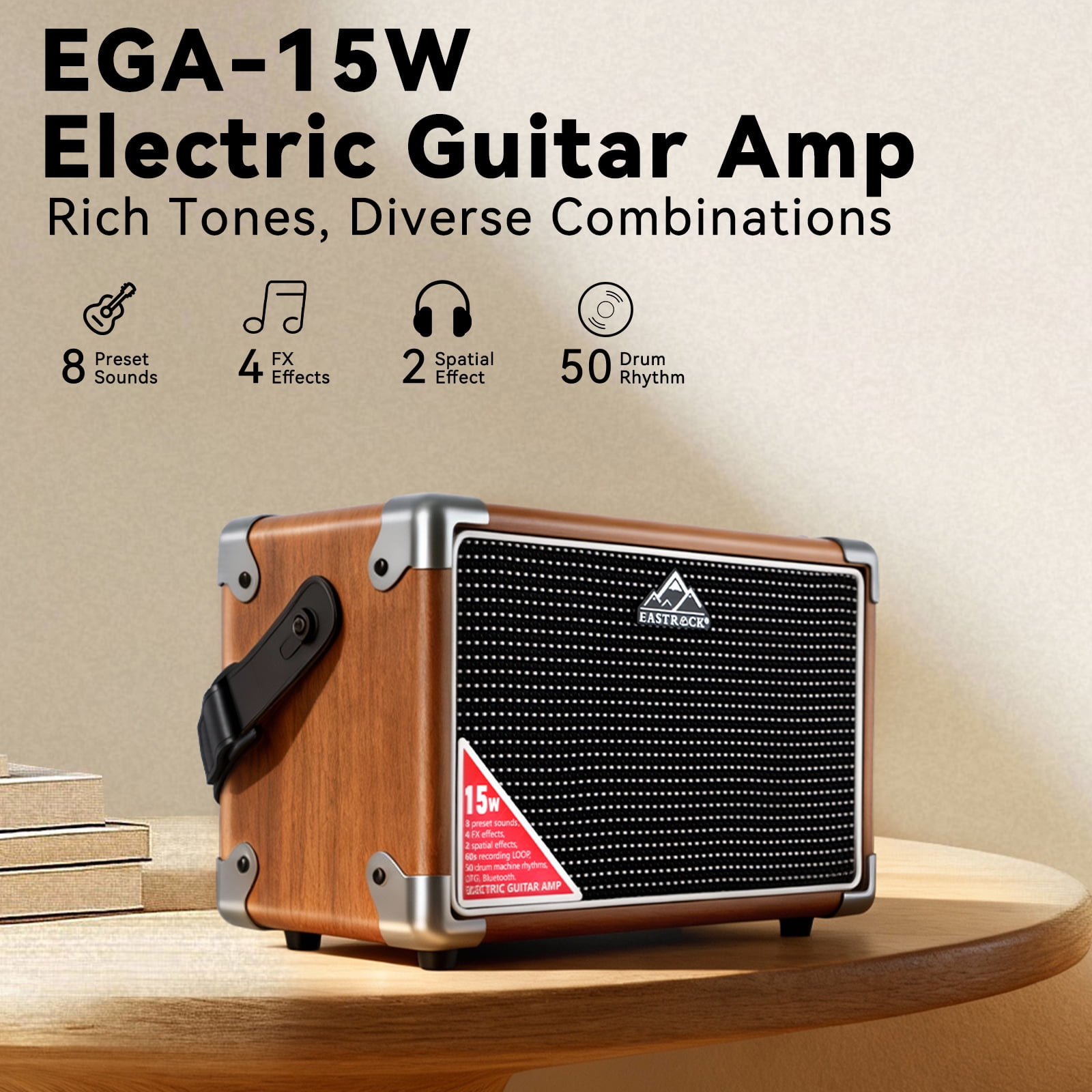 EASTROCK 15W Electric Guitar Amp, EGA-15W Portable Guitar Amplifier with Bluetooth,8 Voices, FX Effects,Built-in Looper & Drum Machine Speaker, AUX/OTG/Headphone Wood