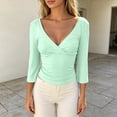 thumbnail image 2 of XIYON Womens T Shirts Solid Color 3/4 Sleeve V Neck Top For Casual Everyday Tee Shirt Slim Fit Basic Tee Trendy Fall Outfits, 2 of 5