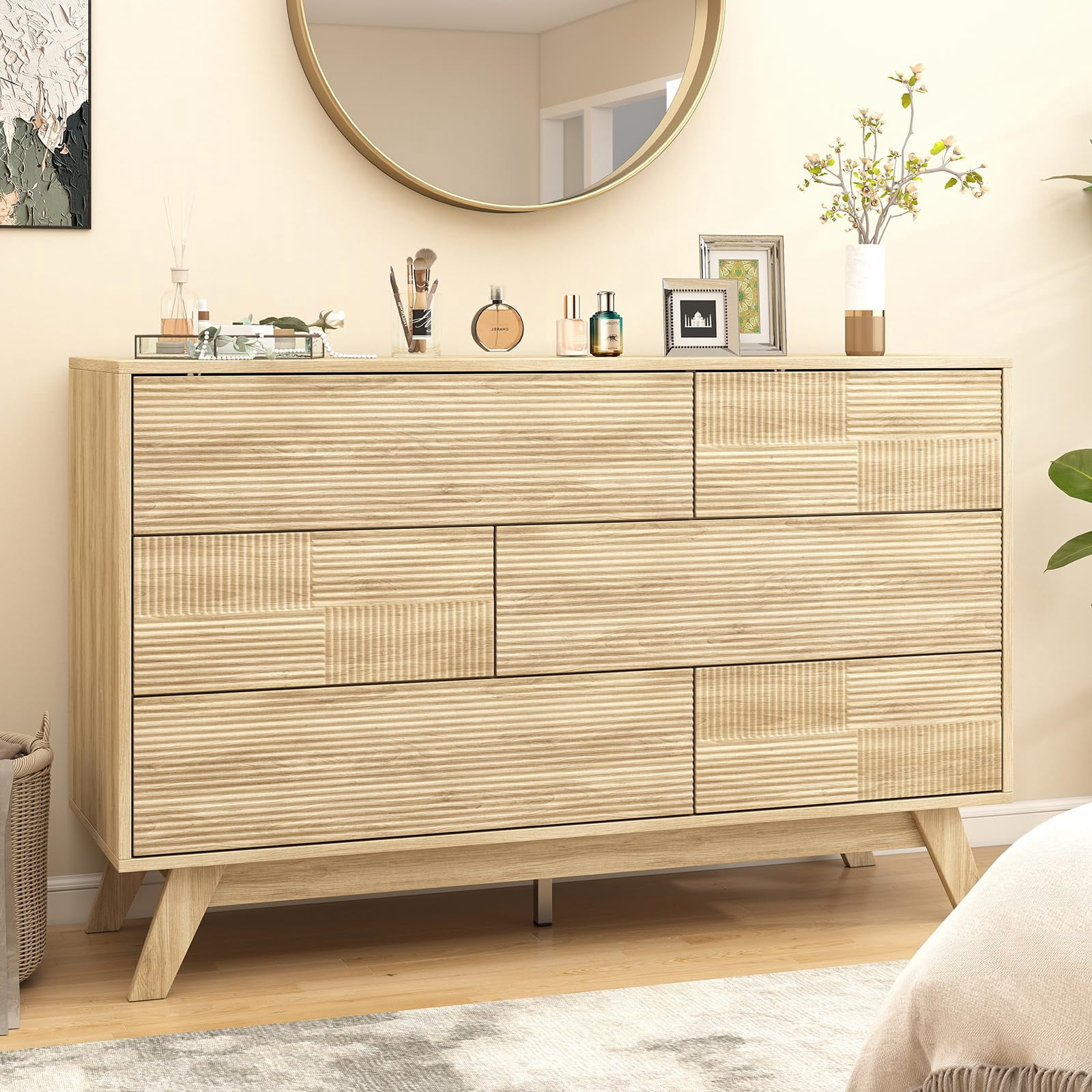 Danpinera Home 6-Drawer Dresser for Bedroom, 47” Modern Handleless Chest of Drawers, Fluted Wooden Storage Cabinet & TV Stand for Closet, Hallway, or Living Room, Natural Oak