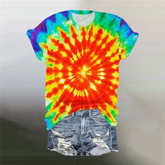 Uootdi Women's Tees Crew Neck Short Sleeve Tie Dye Print Tops Casual Loose Fit T Shirts Gift