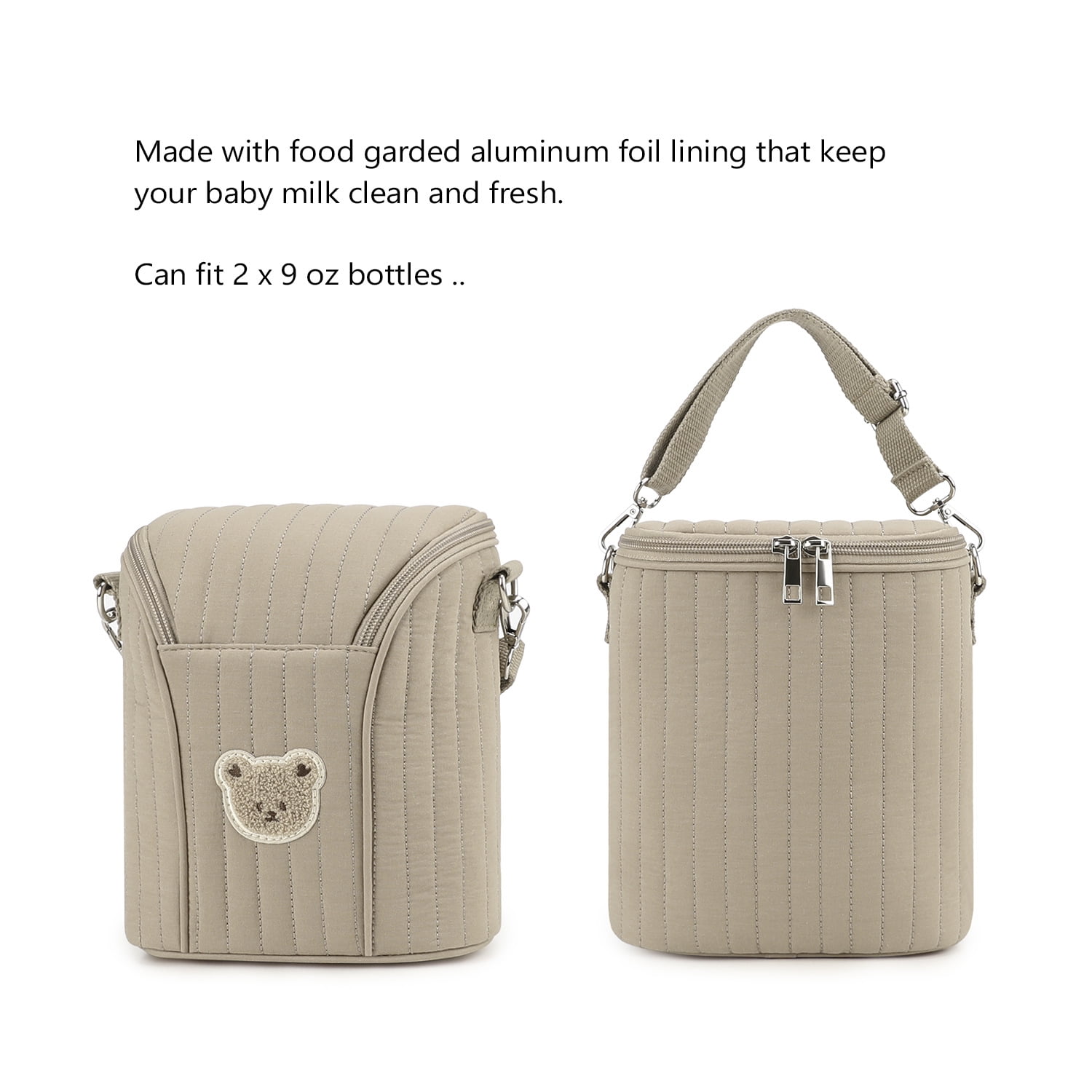 Baby Bottle Insulated Bag, Portable Breastmilk Cooler Bag with Aluminum Foil Liner, Fits 2×9 oz Bottles, Stroller-Attachable Canvas Milk Storage Bag with With detachable carrying handle for Mom Baby