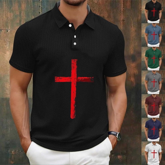 Mens Waffle Polo Shirts Short Sleeve Moisture Wicking Golf Tennis Polo Casual Shirts with Cross Printed Size 2XL White
