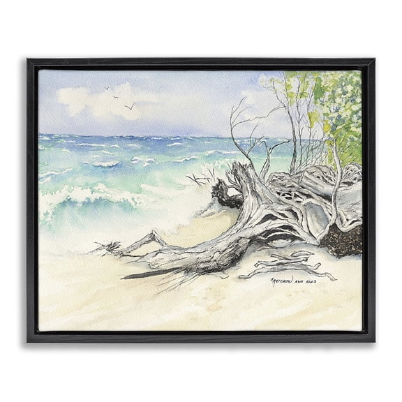 Stupell Industries Coastal Beach Driftwood Landscape Black Floating Frame Canvas Art, 31 x 25, by Christine Reichow