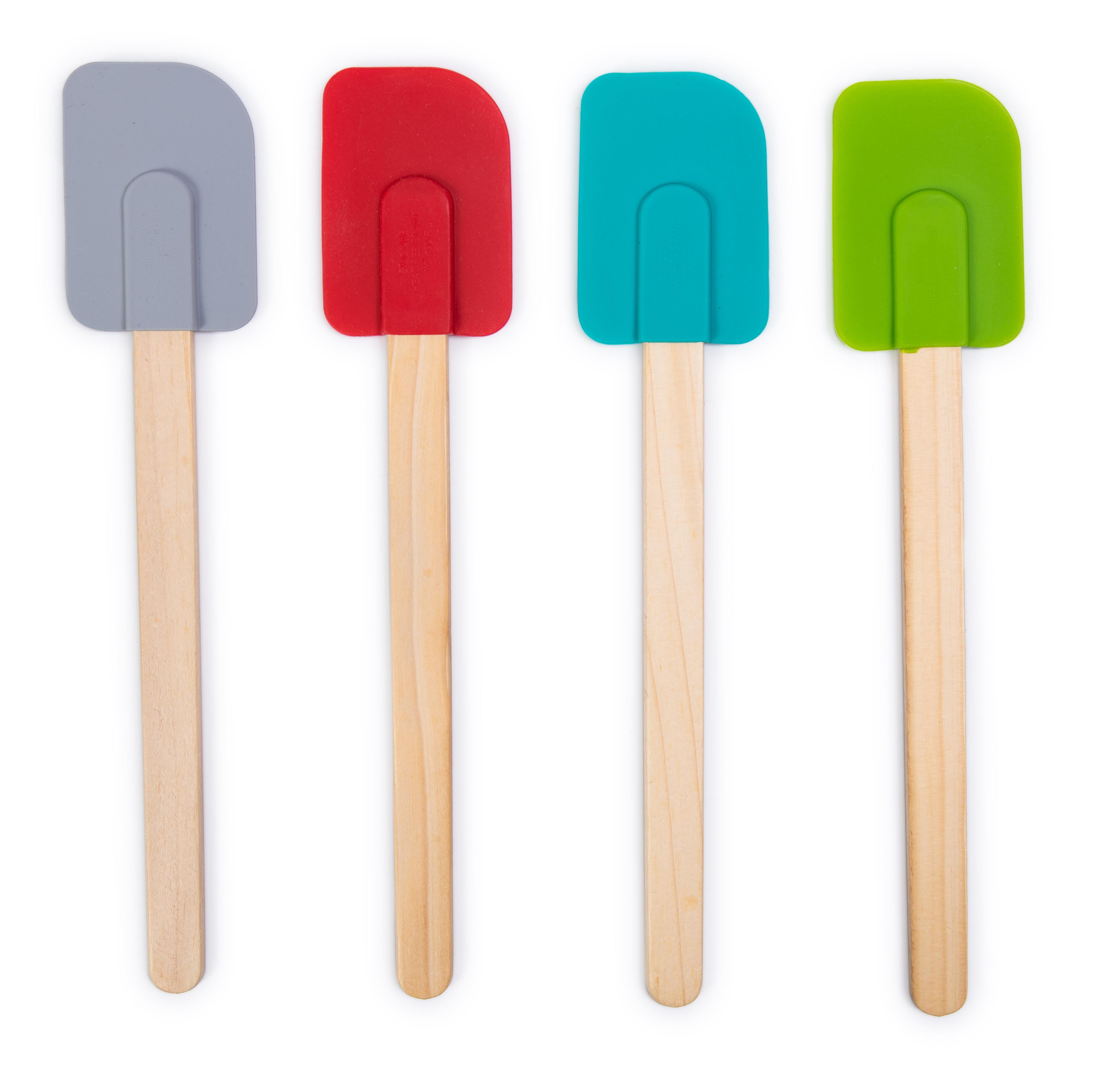 Mainstays Colorful Silicone Spatulas Set 4 with Wooden Handles, Red, Silver, Green and Blue Color