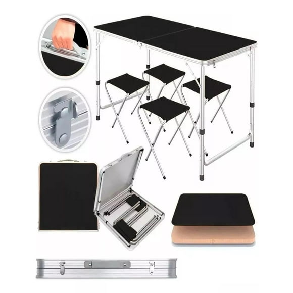 Mesa Plegable Tipo Portafolio CJR 1.20 M Con 4 Sillas Portátiles Negro