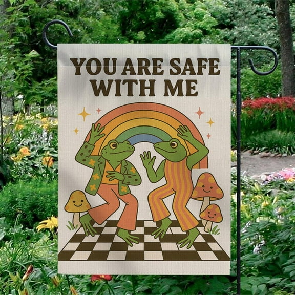 TiniDecor Safe With Me Frog Garden Flag – 12”x18” Retro Rainbow Outdoor Sign, Whimsical Yard Decor
