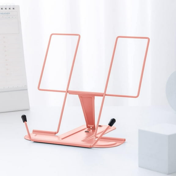 Metal Book Stand for Desk, Adjustable Reading Rest, Portable Cookbook & Document Holder, Sturdy Typing Stand for Recipes, Textbooks, Tablets & Music Books with Page Clips (Morandi Pink)
