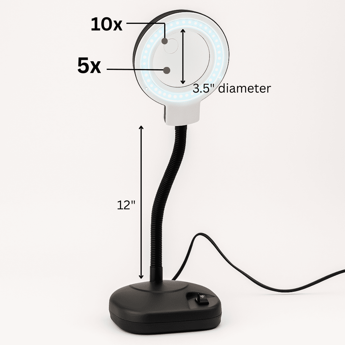 ELUCIDATE 3.5" (8.9 cm) Diameter | Black Plastic | LED Illuminated 110V | Bendable Gooseneck | 3X and 8X Magnification Lens | Ideal for Detailed Work | Space-Saving Design