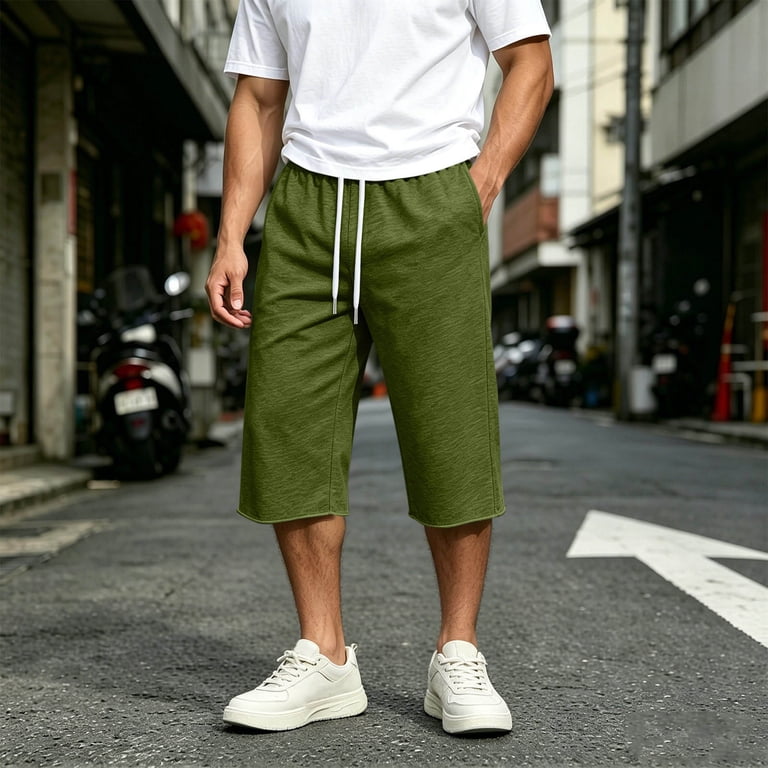 salsation★ Capri Pants★サイズM★ダークグリーン Capri Pants for Men Drawstring Solid Color Knee Length Pants with