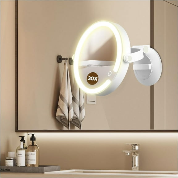 Magnifying Mirror with Light 30X, LED Bathroom Mirror with 3 Lighting Modes, 2-Sided 30x/1x Rotation Wall Mounted Makeup Mirrors, Rechargeable Mirrors with Lights and Suction Cup for Bathroom