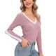 thumbnail image 2 of Camisa básica ajustada con encaje y cuello en V, manga larga, blusas básicas gruesas y cómodas para mujer, rosa y morado M, 2 of 8