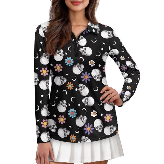 Chririnla Hippie Flower Skull Funny Golf Shirts for Women Performance Moisture Wicking Quick Dry Athletic Long Sleeve Tops V-Neck Half Zip Golf Polo Shirts for Halloween Wear,L