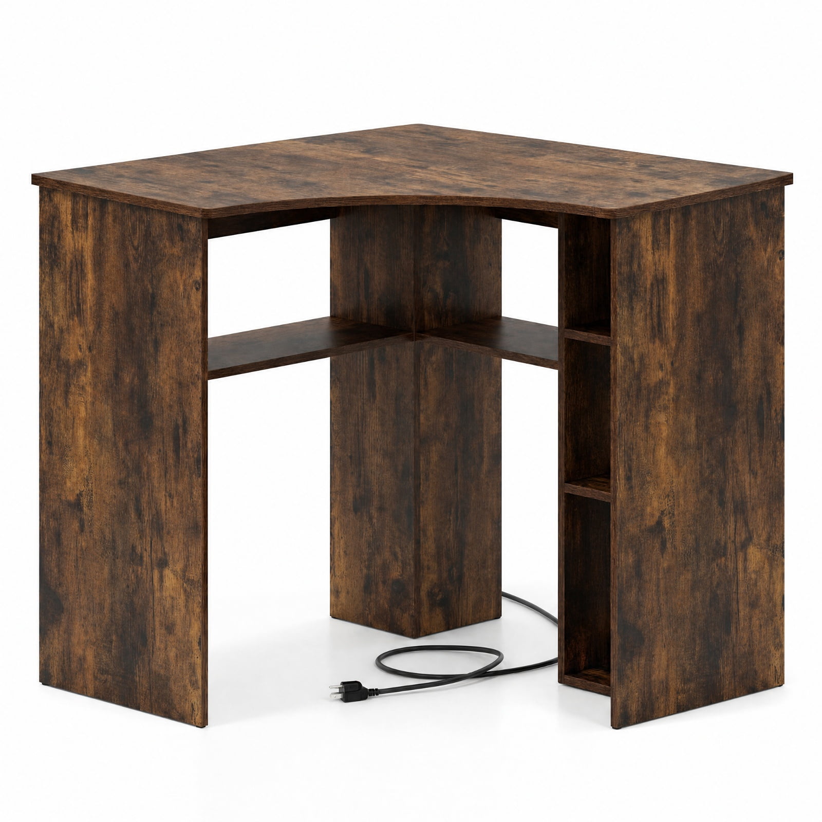 Furnibear Corner Computer Desk with Adjustable Shelf and Arc-Shaped Profile Triangle Home Office Desk with 5 Shelves for Study, Rustic Brown